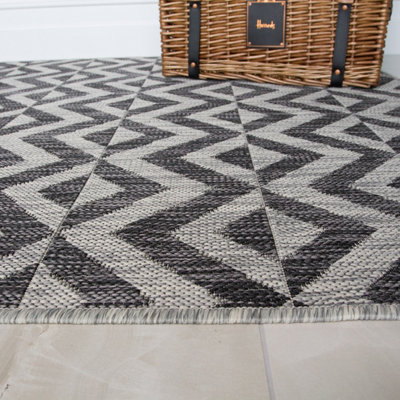 Charcoal Grey Geometric Flatweave Indoor Outdoor Rug 80x150cm