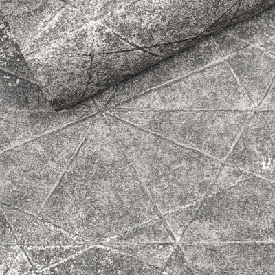 Charcoal Grey Geometric Wallpaper Silver Metallic Shimmer Heavy Weight Thick Vinyl Paste The Wall