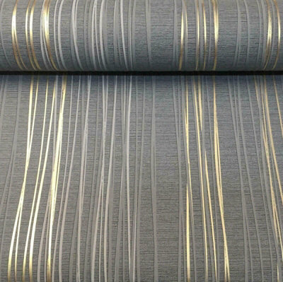 Charcoal Grey Metallic Gold Stripe Textured Vinyl Wallpaper