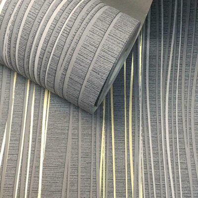 Charcoal Grey Metallic Gold Stripe Textured Vinyl Wallpaper