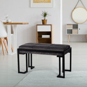 Charcoal grey Plush Velvet Hallway Living Room Upholstered Bench Cushioned Padded Stool Pouffe Bed End Seat Metal Frame
