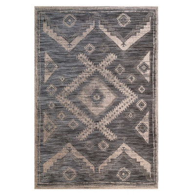 Charcoal Grey Textured Woven Diamond Tribal Easy Clean Durable Indoor Outdoor Area Rug 160x230cm