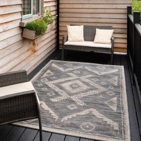 Charcoal Grey Textured Woven Diamond Tribal Easy Clean Durable Indoor Outdoor Area Rug 200x290cm