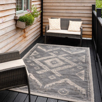 Charcoal Grey Textured Woven Diamond Tribal Easy Clean Durable Indoor Outdoor Area Rug 80x150cm