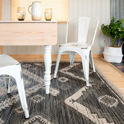 Charcoal Grey Textured Woven Diamond Tribal Easy Clean Durable Indoor Outdoor Area Rug 80x150cm