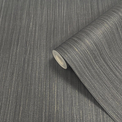 Charcoal Grey Wallpaper Textured Black Gold Metallic Stripe Plain Living Room