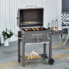 Charcoal Grill BBQ Trolley with Adjustable Charcoal Grate,  Metal Smoker Barbecue with Shelf, Side Table, Built-in Thermometer