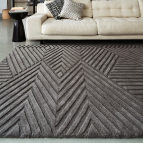 Charcoal Handmade , Modern , Wool Geometric Easy to Clean Wool Rug for Living Room, Bedroom - 120cm X 170cm