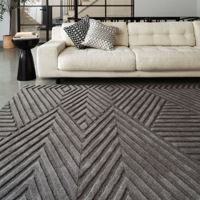 Charcoal Handmade , Modern , Wool Geometric Easy to Clean Wool Rug for Living Room, Bedroom - 200cm X 290cm