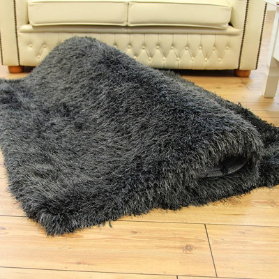 Charcoal Luxury Plain Handmade Modern Shaggy Sparkle Rug Easy to clean Living Room and Bedroom-160cm X 230cm