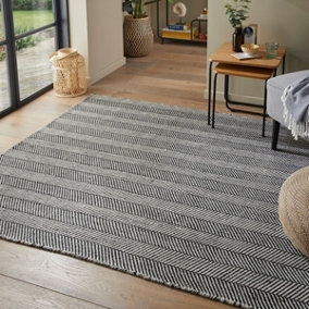 Charcoal Modern Wool Striped Easy to clean Rug for Bedroom & Living Room-152cm X 226cm