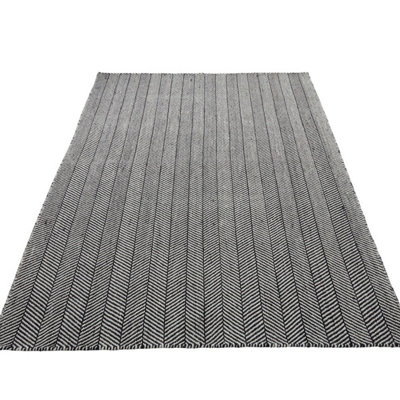 Charcoal Modern Wool Striped Easy to clean Rug for Bedroom & Living Room-236cm X 297cm