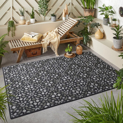 Charcoal Outdoor Rug, Geometric Stain-Resistant Rug For Patio Decks Garden, 6.3mm Modern Outdoor Area Rug-200cm X 285cm