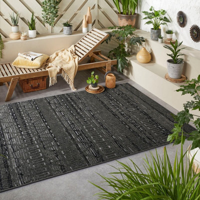 Charcoal Outdoor Rug, Geometric Stain-Resistant Rug For Patio Decks Garden, 8mm Modern Outdoor Area Rug-120cm X 170cm