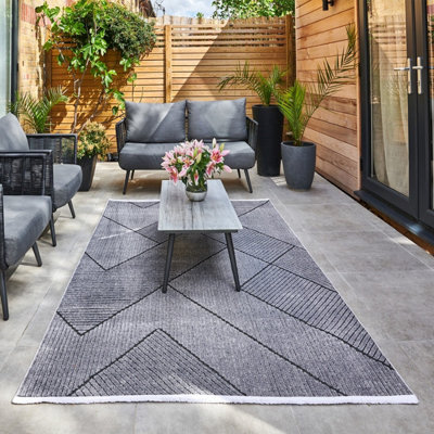 Charcoal Outdoor Rug, Geometric Striped Stain-Resistant Rug For Patio Decks, 3mm Modern Outdoor Area Rug-190cm X 290cm