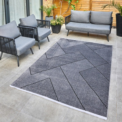 Charcoal Outdoor Rug, Geometric Striped Stain-Resistant Rug For Patio Decks, 3mm Modern Outdoor Area Rug-190cm X 290cm