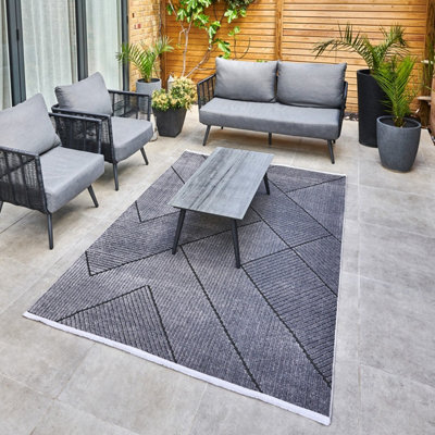 Charcoal Outdoor Rug, Geometric Striped Stain-Resistant Rug For Patio Decks, 3mm Modern Outdoor Area Rug-190cm X 290cm