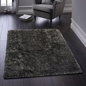 Charcoal Plain Shaggy Handmade Easy to Clean Polyester Rug for Living Room and Bedroom-120cm X 170cm