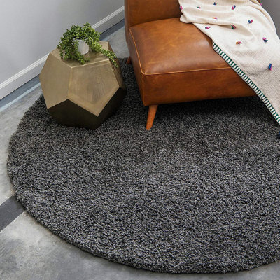 Charcoal Thick Shaggy Circle Rug - California - 150cm