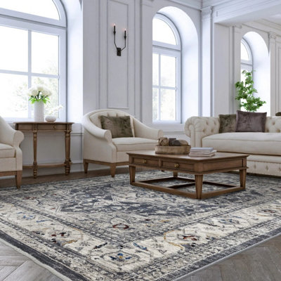 Charcoal Traditional Luxurious Traditional Easy to clean Bordered Bedroom Dining Room Living Room Rug -120cm X 166cm