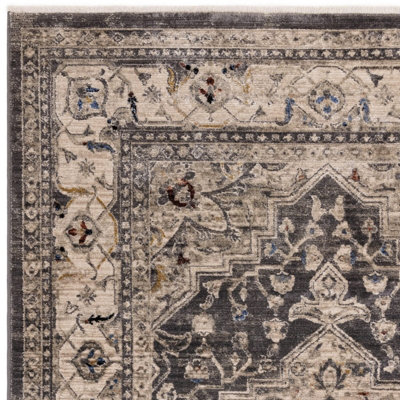 Charcoal Traditional Luxurious Traditional Easy to clean Bordered Bedroom Dining Room Living Room Rug -120cm X 166cm