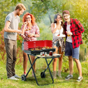 Charcoal Trolley BBQ Barbecue Grill Patio Camping Picnic Party Outdoor Cooking with Windshield, Wheels Side Trays,