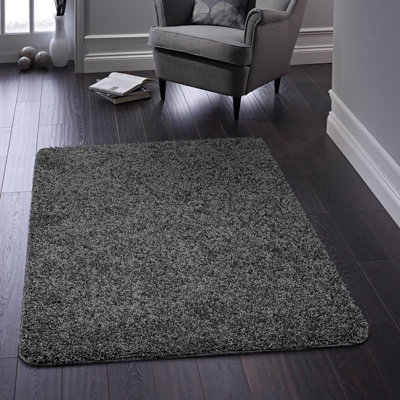Charcoal Washable Plain Anti Slip Rubber Backing Modern Shaggy Rug for ...