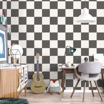 Charcoal & White Check Wallpaper Smooth Flat Finish Feature Wall Kids Bedroom