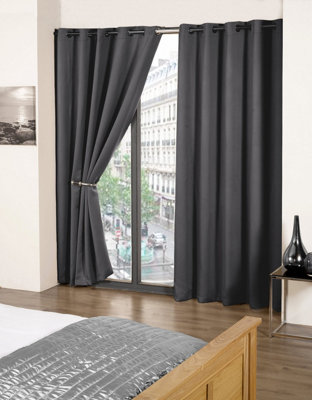 Charcoal Woven Thermal Blackout Eyelet Curtains 66 inch width x 54 inch drop