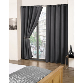Charcoal Woven Thermal Blackout Eyelet Curtains 66 inch width x 72 inch drop