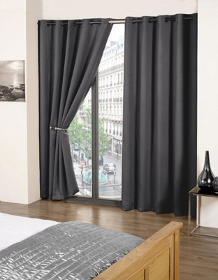 Charcoal Woven Thermal Blackout Eyelet Curtains 90 inch width x 90 inch drop