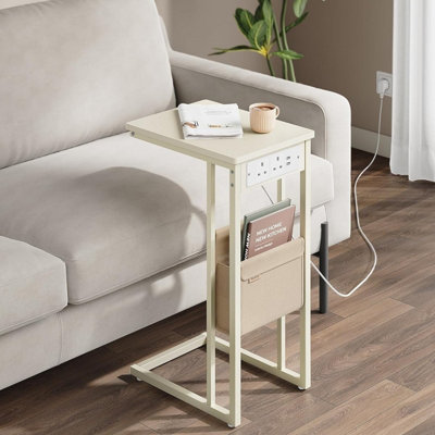 Charging Side Stand, C-Shaped Table with USB Hub and Storage, Cream White