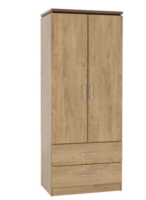 Charles 2 Door 2 Drawer Wardrobe in Oak Veneer with Dark Walnut Trim