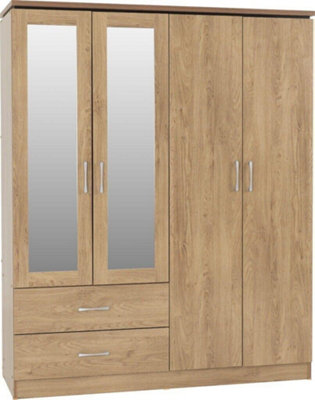 Charles 4 Door 2 Drawer Mirrored Wardrobe in Oak Effect Finish