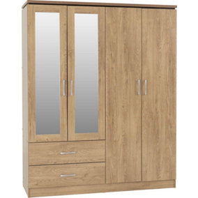 Charles 4 Door 2 Drawer Mirrored Wardrobe in Oak Effect Finish