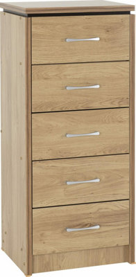 Charles 5 Drawer Narrow Chest in Oak Effect Veneer with Walnut Trim