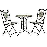 Charles Bentley 3 Piece Wrought Iron Mosaic Bistro Set Table and 2 Chairs