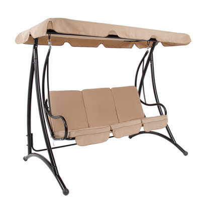 Charles Bentley 3 Seater Premium Outdoor Swing Seat Bench Chair w/ Beige Canopy - 3