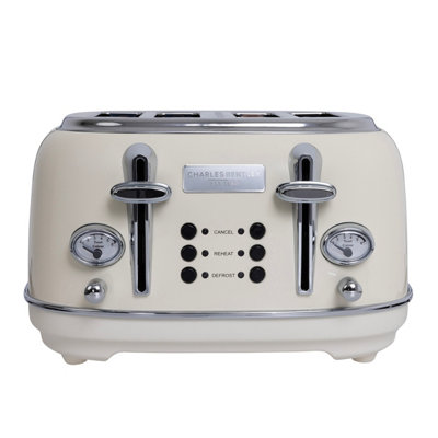Charles Bentley 4 Slice Stainless Steel Toaster w Tray Cream & Chrome