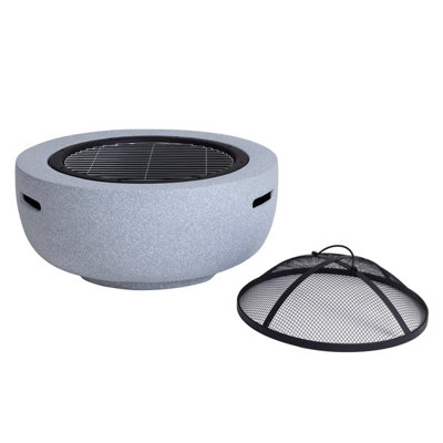 Charles Bentley 60cm Round Magnesia Fire Pit with Mesh Cover Cooking Grill