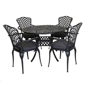 Charles Bentley Cast Aluminium Table and 4 Chairs Set Black Outdoor Dining Table