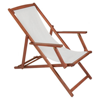 Charles Bentley Folding FSC Eucalyptus Wooden Deck Chair Beach Sun Lounger Cream