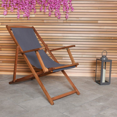 Charles Bentley Folding FSC Eucalyptus Wooden Deck Chair Beach Sun Lounger Grey - 9