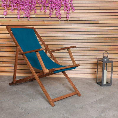 Charles Bentley Folding FSC Eucalyptus Wooden Deck Chair Beach Sun Lounger Teal - 9
