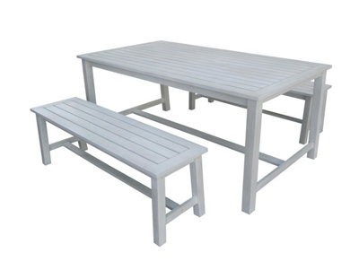Charles Bentley FSC Acacia White Washed Wooden Bench Dining Set - 4-6 Seater Set
