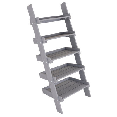 Charles Bentley FSC Slim Wooden Ladder Planter - Grey Tall 5 Shelves