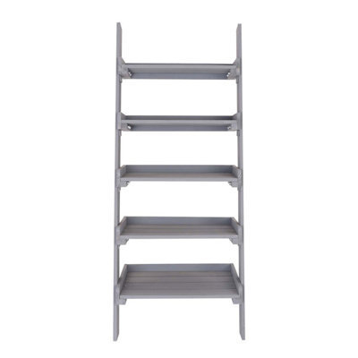 Charles Bentley FSC Slim Wooden Ladder Planter - Grey Tall 5 Shelves