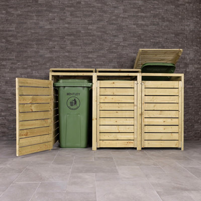 Charles Bentley FSC Triple Wooden Bin Store Wheelie Bin Storage Unit Lifting Lid