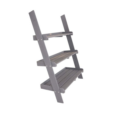 Charles Bentley FSC Wide Wooden Ladder Planter - Grey 3 Shelves