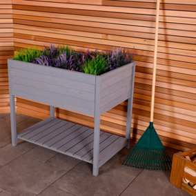 Charles Bentley FSC Wooden Planter - Grey - Raised Box with Shelf Herb Plant Box